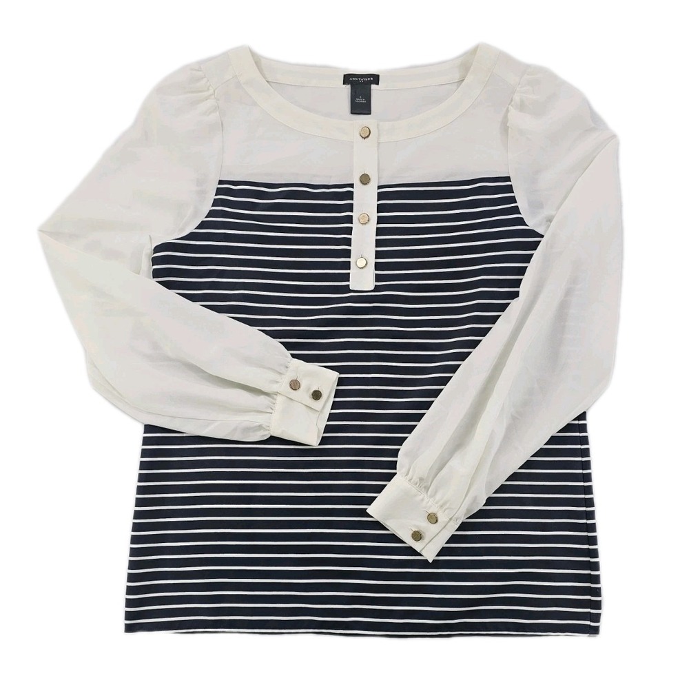 Ann Taylor Women's 0 Blouse Cream Sheer Black Stripes Cuff Sleeve Puff Top Gold